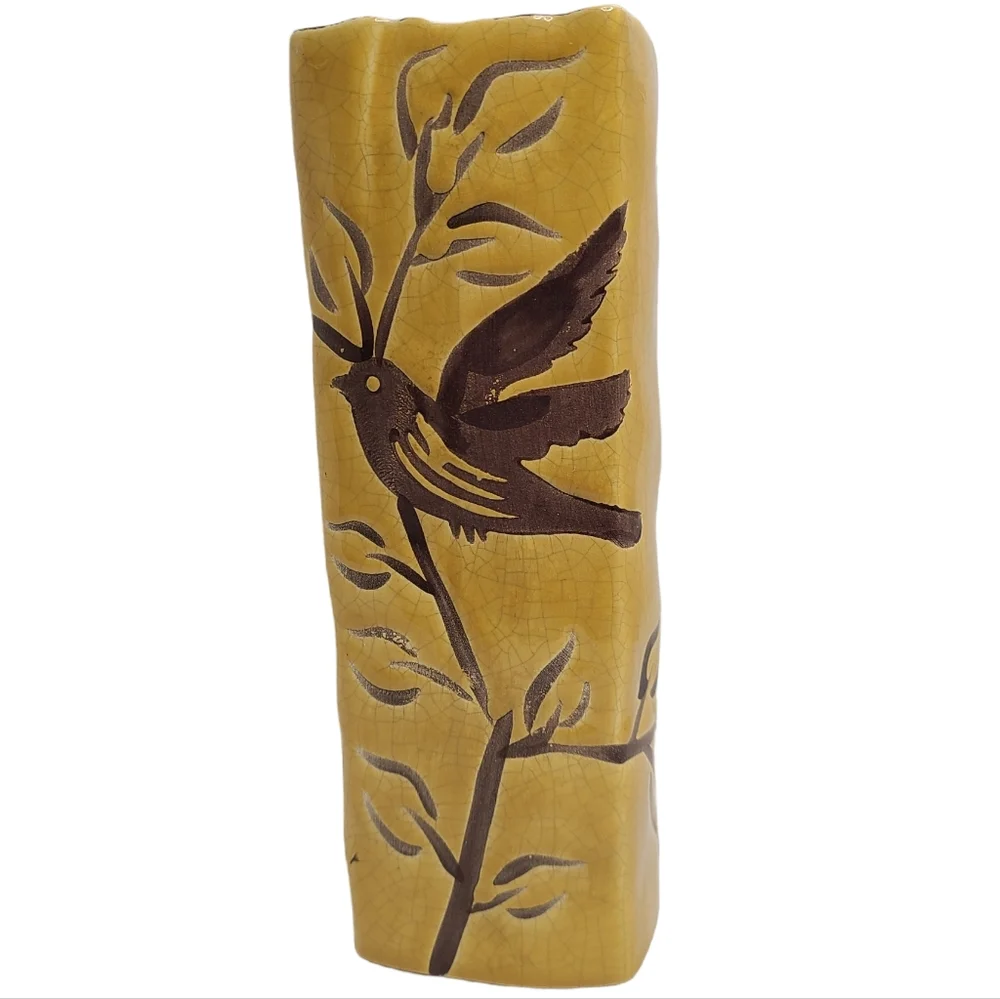 Vintage Bird Tree Hand Painted Tall Rectangular Vase Flower Vase Unique Boho